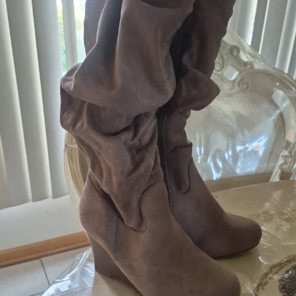 Suede Slouch Wedge Knee-High Boots - Brown